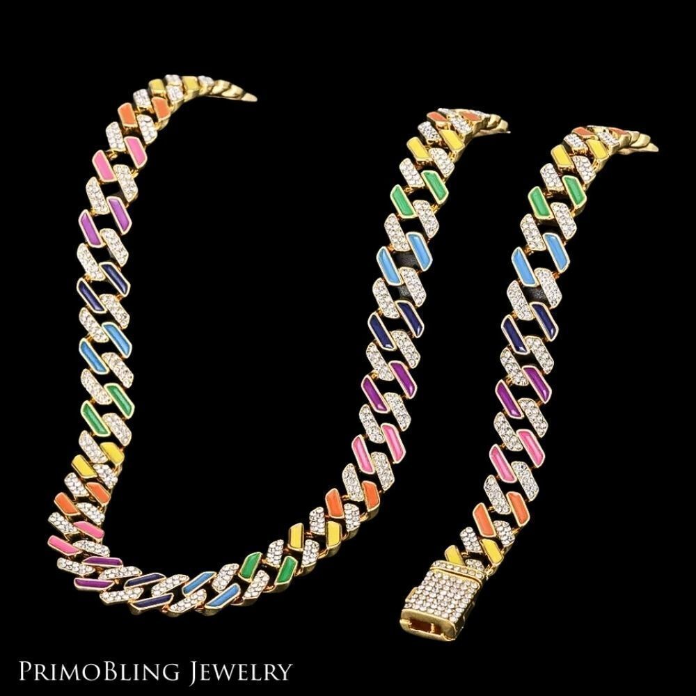 20" Gold Iced Out Multicolor Cuban Link Chain